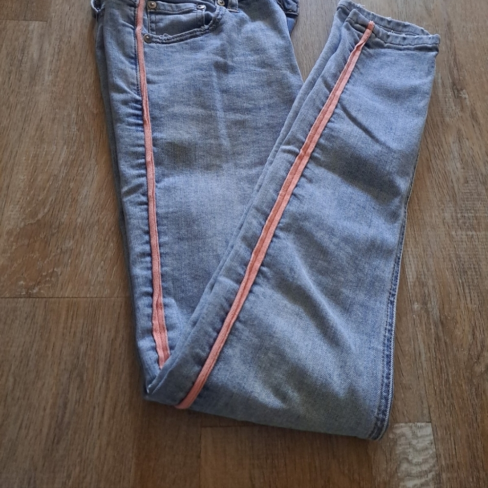 JUST BLACK DENIM JBD Blue Wash Denim Pink Trim Stretch Skinny Jeans Size 25
